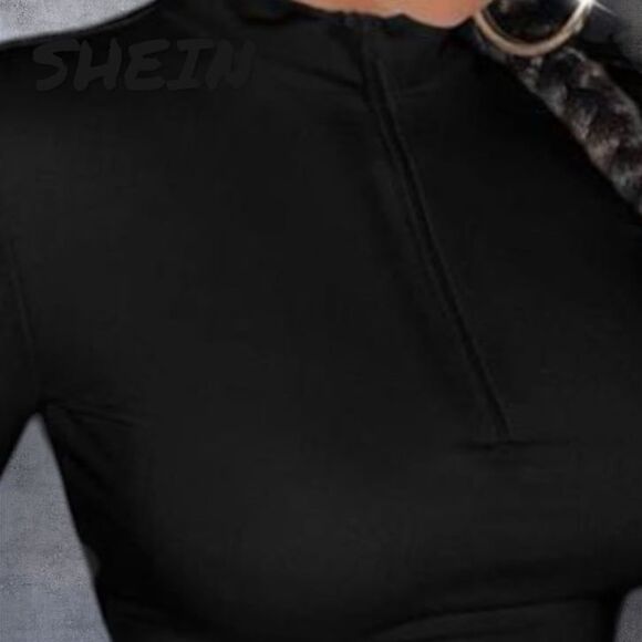SHEIN SXY Spring And Summer Turtleneck Half-Zip Short Black Long-Sleeved Casual - Picture 3 of 5